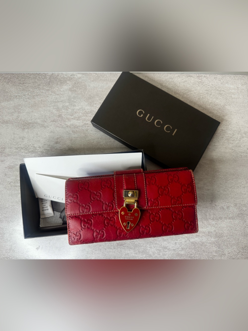 Gucci Red Embossed Leather Heart Lock Card Holder